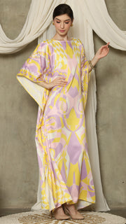 Yellow Pink Short Sleeve Abstract Kaftan