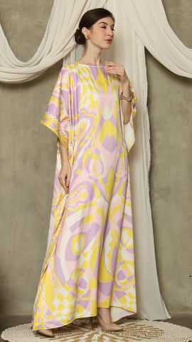 Yellow Pink Short Sleeve Abstract Kaftan