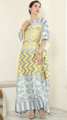 Yellow Grey Ikat Short Sleeve Kaftan