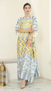Yellow Grey Ikat Short Sleeve Kaftan