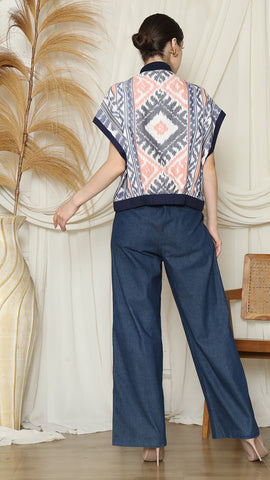 Blue Ikat Vest Bomber