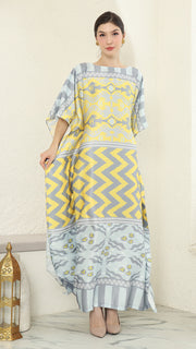 Yellow Grey Ikat Short Sleeve Kaftan
