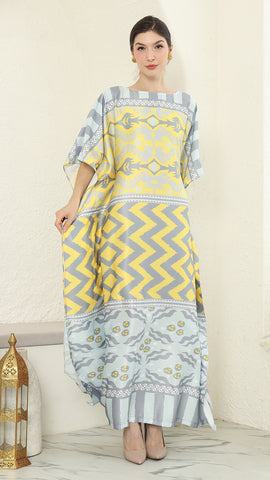 Yellow Grey Ikat Short Sleeve Kaftan