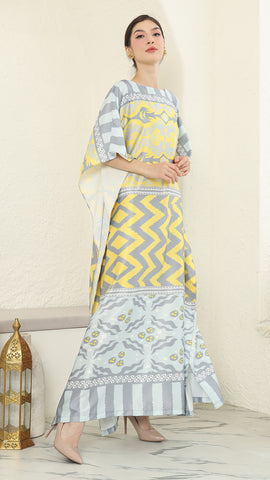 Yellow Grey Ikat Short Sleeve Kaftan