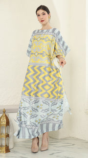 Yellow Grey Ikat Short Sleeve Kaftan