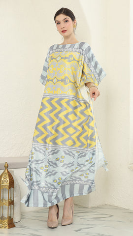 Yellow Grey Ikat Short Sleeve Kaftan
