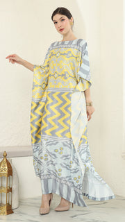 Yellow Grey Ikat Short Sleeve Kaftan