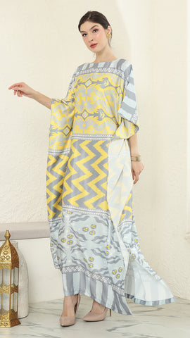 Yellow Grey Ikat Short Sleeve Kaftan