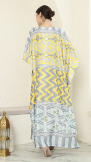 Yellow Grey Ikat Short Sleeve Kaftan
