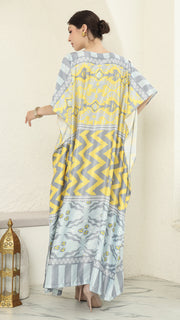Yellow Grey Ikat Short Sleeve Kaftan