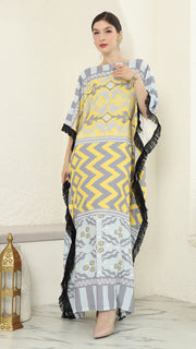 Yellow Grey Ikat Fringe Short Kaftan