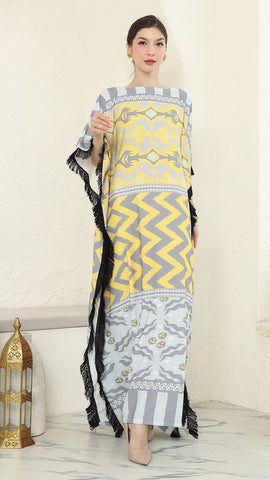 Yellow Grey Ikat Fringe Short Kaftan