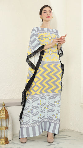 Yellow Grey Ikat Fringe Short Kaftan