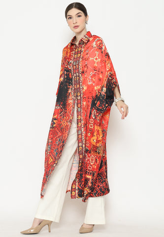 Orange Antique Kanzi 3/4 Sleeve Traditional Collared Kaftan