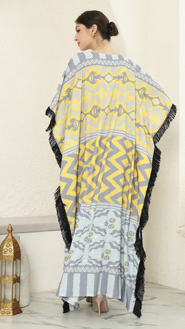 Yellow Grey Ikat Fringe Short Kaftan