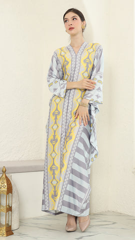 Yellow Grey Ikat Long Kaftan