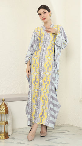 Yellow Grey Ikat Long Kaftan