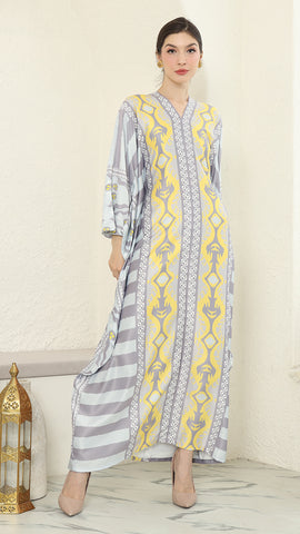 Yellow Grey Ikat Long Kaftan