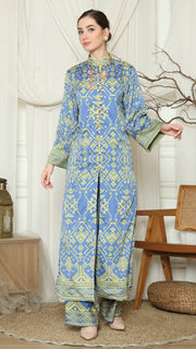 Blue Lime Songket Long Tunic Pants Set