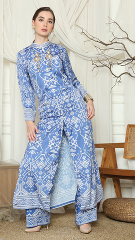 Blue Songket Long Tunic Pants Set