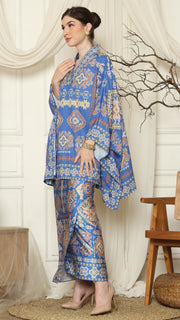 Blue Ikat Gold V-neck Sarong Set