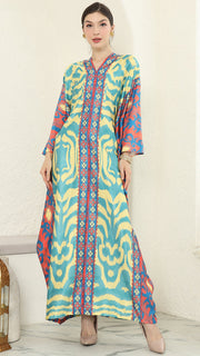 Yellow Blue Ikat Long Sleeve Kaftan