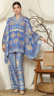 Blue Ikat Gold V-neck Pant Set