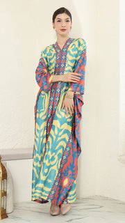 Yellow Blue Ikat Long Sleeve Kaftan