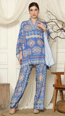 Blue Ikat Gold V-neck Pant Set