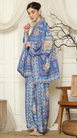 Blue Ikat Gold V-neck Pant Set