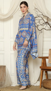 Blue Ikat Gold V-neck Pant Set