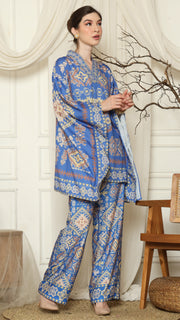 Blue Ikat Gold V-neck Pant Set