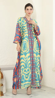 Yellow Blue Ikat Long Sleeve Kaftan