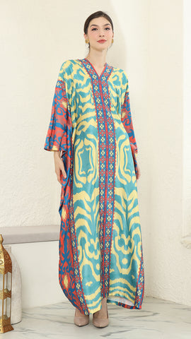 Yellow Blue Ikat Long Sleeve Kaftan