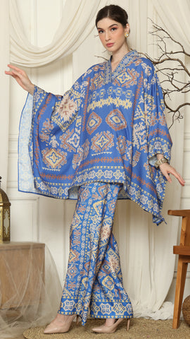 Blue Ikat Gold V-neck Pant Set