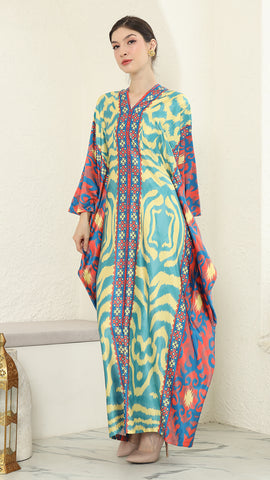 Yellow Blue Ikat Long Sleeve Kaftan