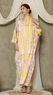 Yellow Abstract High Collar Long Kaftan