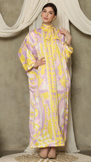 Yellow Abstract High Collar Long Kaftan