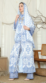 Blue White Songket Long Tunic Pants Set