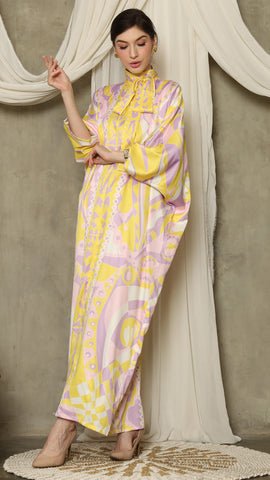 Yellow Abstract High Collar Long Kaftan