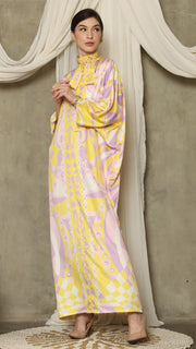 Yellow Abstract High Collar Long Kaftan