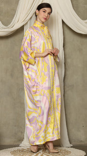 Yellow Abstract High Collar Long Kaftan