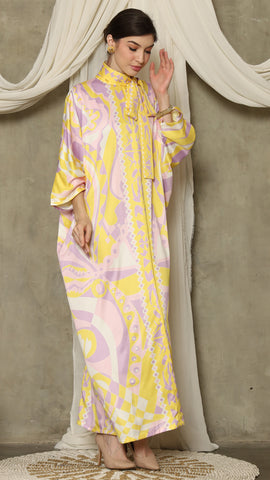 Yellow Abstract High Collar Long Kaftan