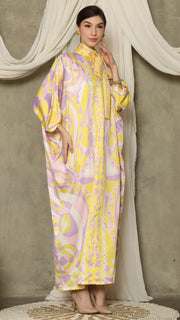 Yellow Abstract High Collar Long Kaftan