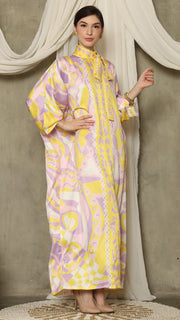 Yellow Abstract High Collar Long Kaftan