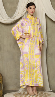 Yellow Abstract High Collar Long Kaftan