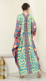 Yellow Blue Ikat Long Sleeve Kaftan