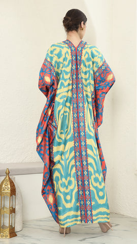 Yellow Blue Ikat Long Sleeve Kaftan