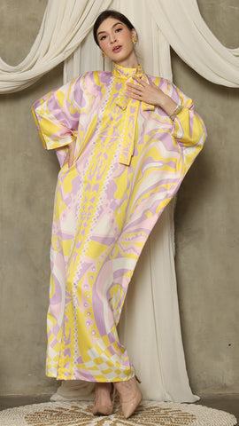 Yellow Abstract High Collar Long Kaftan