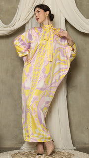 Yellow Abstract High Collar Long Kaftan